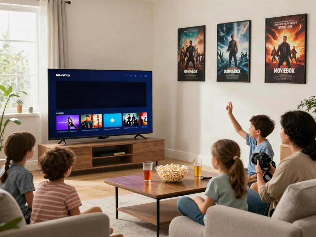 Family enjoying a movie night using the MovieBox app in their cozy living room.