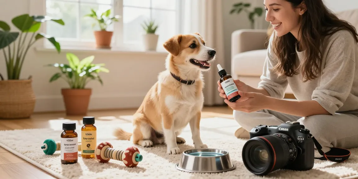 joint care for dogs products in a cozy home with a happy dog