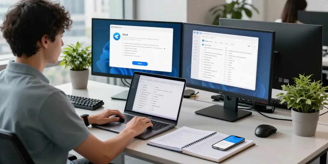 Adjusting Telegram Chinese language settings on a tech workspace with dual monitors, showcasing productivity and customization.