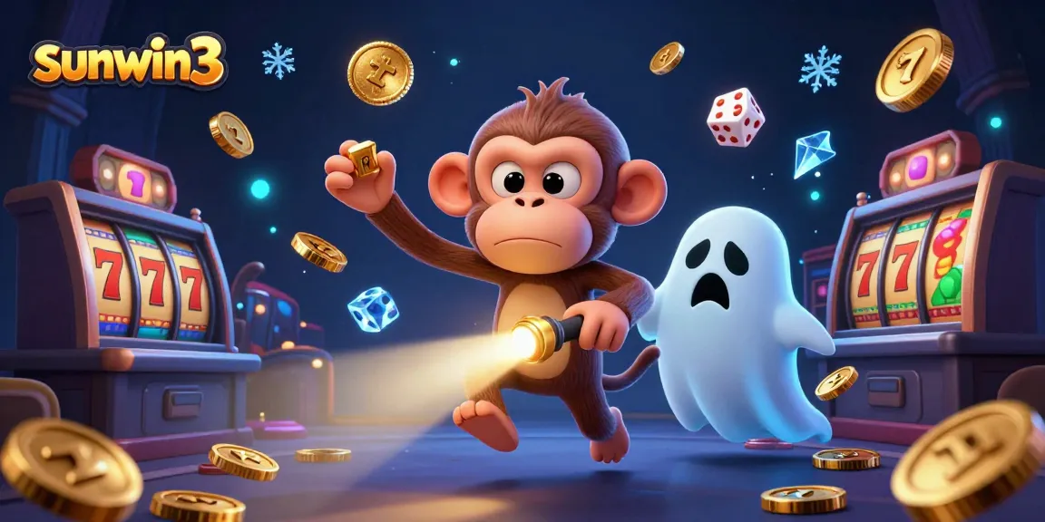 Experience thrilling gaming at sunwin3 with a playful ghost monkey juggling in a vibrant casino.