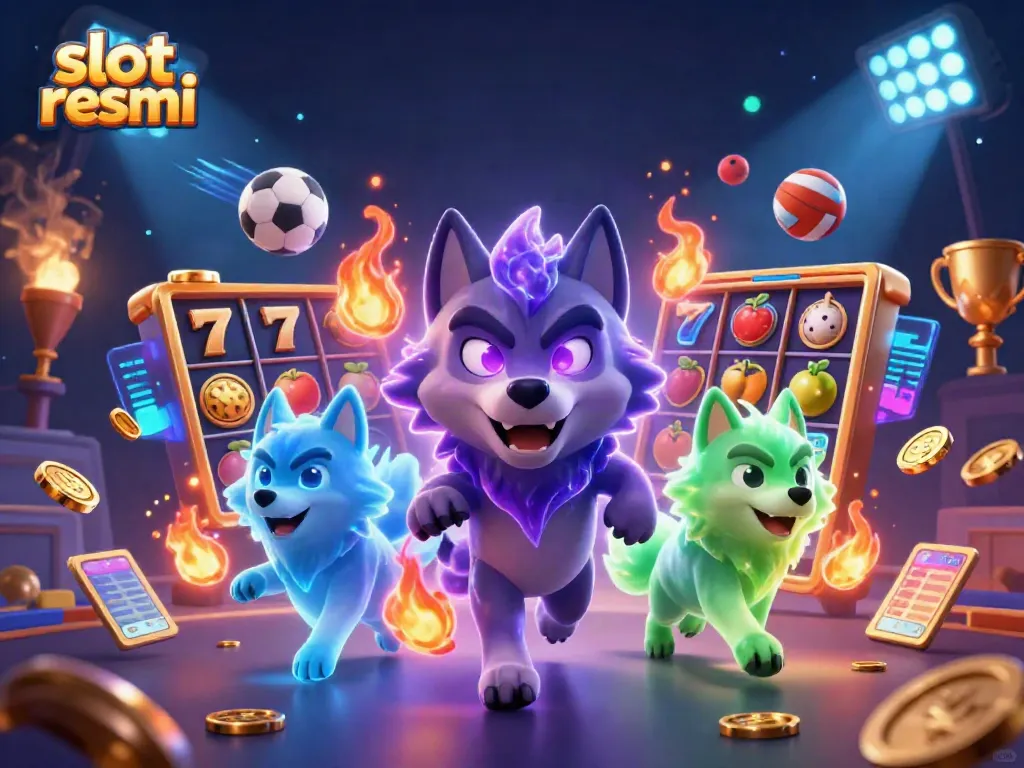 Experience the thrill of slot resmi with colorful wolves and dynamic game elements in a vibrant casino scene.