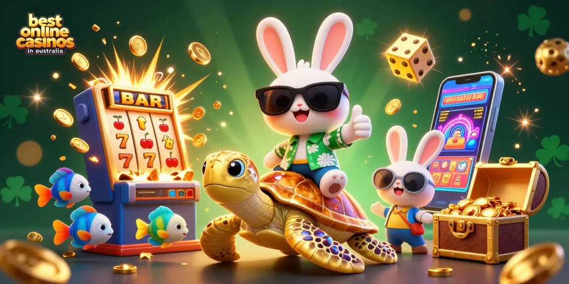 Experience the thrill at the best online casinos in Australia with vibrant characters in a 3D casino scene.
